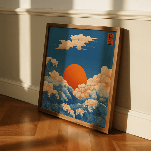 Square Prints for Wall with Japanese-inspired Blue ocean and Orange sun for study