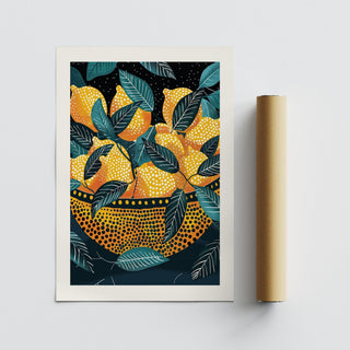 Graphic lemon wall art combining citrus forms and expressive dots.
