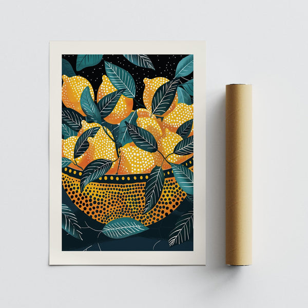 Graphic lemon wall art combining citrus forms and expressive dots.