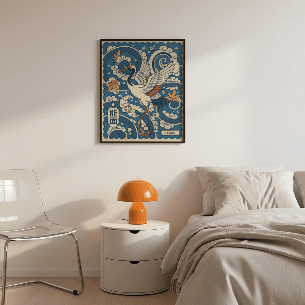 Presenting a Japanese-style bird poster print with TSURU label and stylized water swirls