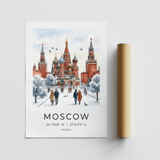 Typography Moscow city print poster with coordinates and illustrated skyline