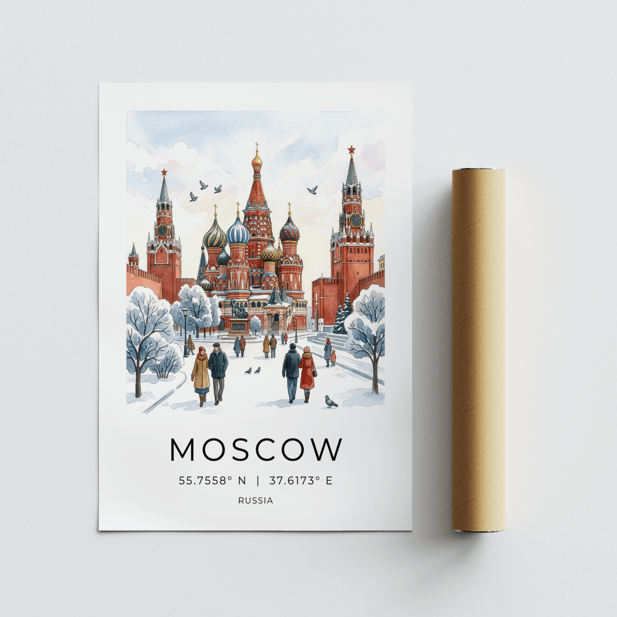 Typography Moscow city print poster with coordinates and illustrated skyline