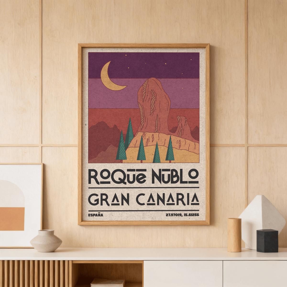Showing Roque Nublo Wall Art print with GRAN CANARIA text and layered mountains