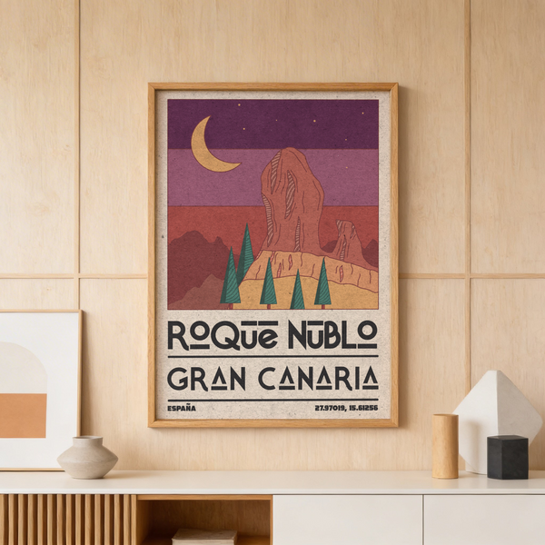Showing Roque Nublo Wall Art print with GRAN CANARIA text and layered mountains