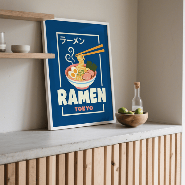 Vibrant Ramen Poster in blue, white, pink suited for kitchen wall