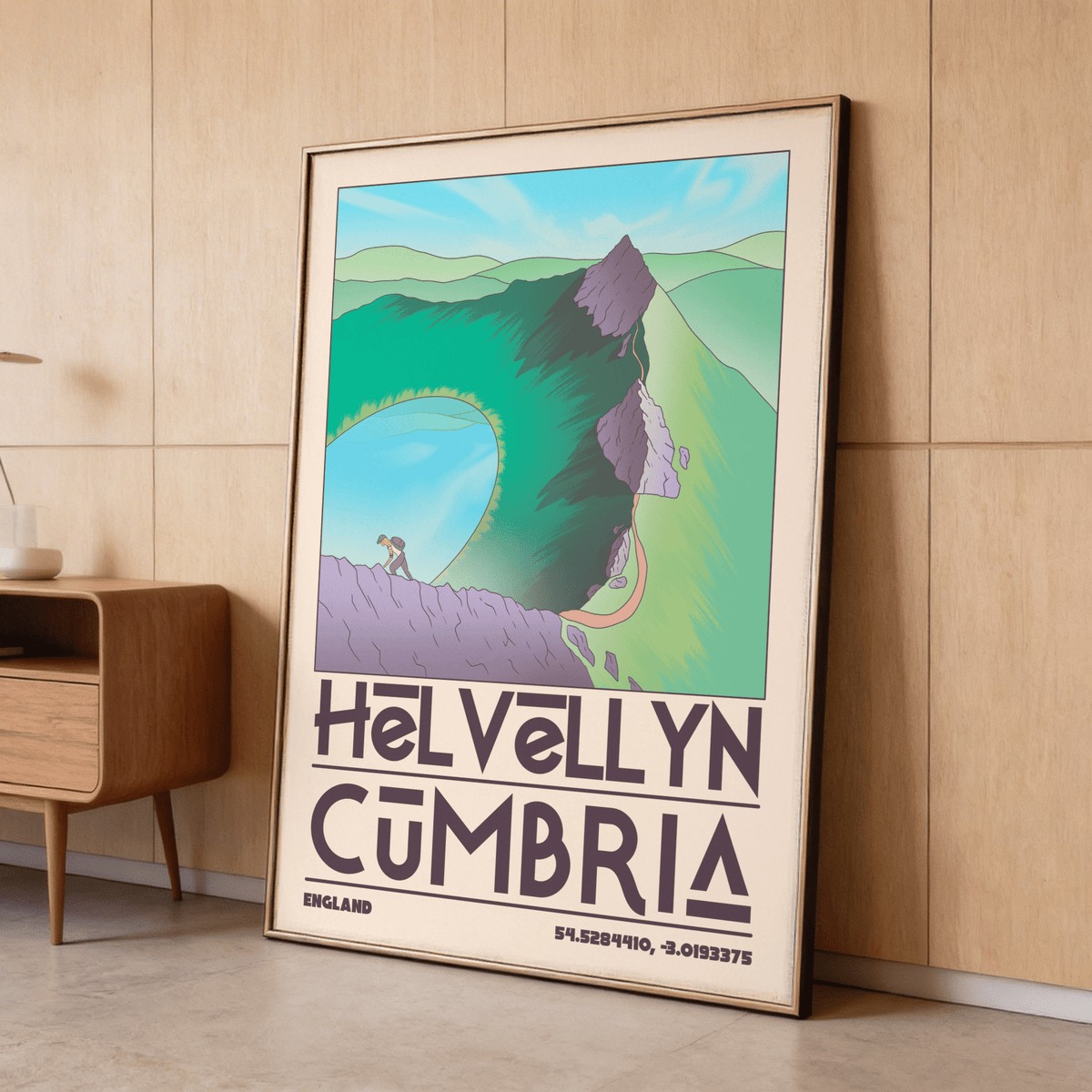 Illustrated Helvellyn Cumbria Wall Art print with mountain ridge, crags, and curved lake