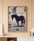 Ink-drawn horse illustration with swirling sky and grass details
