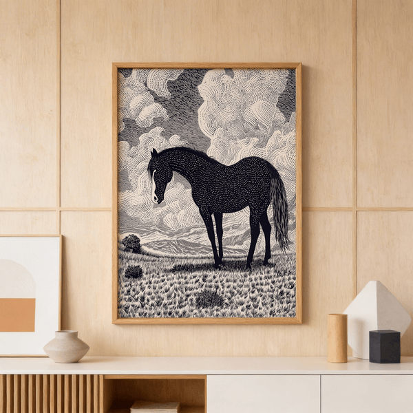Ink-drawn horse illustration with swirling sky and grass details