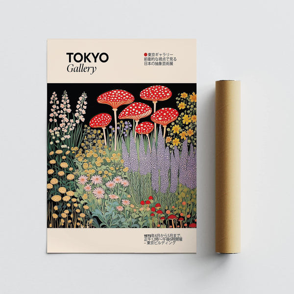 Retro botanical poster featuring colorful mushrooms and plants