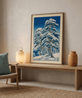 Gallery wall mockup featuring Hasui Kawase winter landscape print with snow-covered pines
