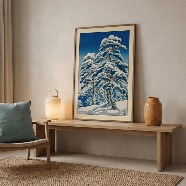 Gallery wall mockup featuring Hasui Kawase winter landscape print with snow-covered pines
