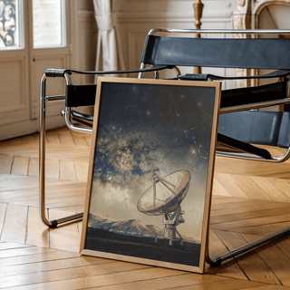 Space Satellite Art Print with Blue, Beige and Black for science themed office wall decor