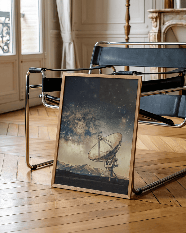 Space Satellite Art Print with Blue, Beige and Black for science themed office wall decor