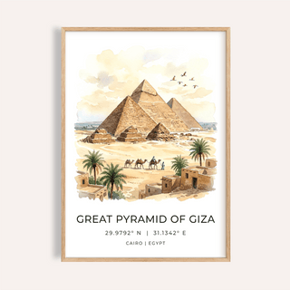 Framed Giza Pyramid wall art showing pyramids with camels and palm trees in watercolour style