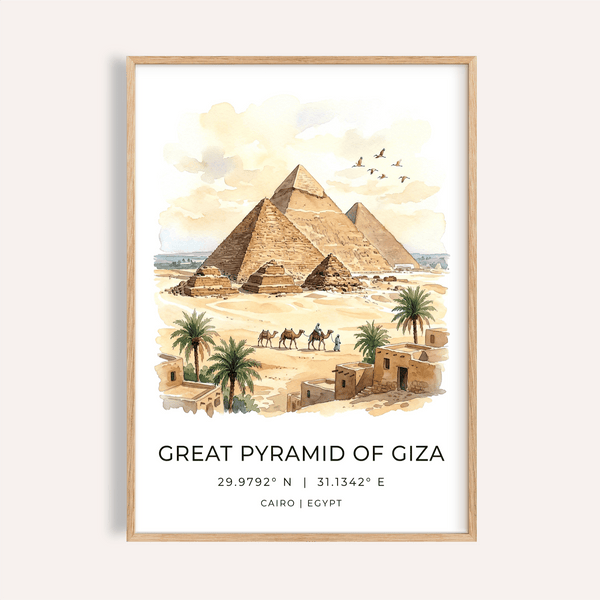 Giza Pyramid Wall Art watercolor poster with camel caravan