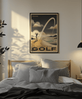 Illustrated golf scene poster print featuring golfer on tee box and distant rolling hills