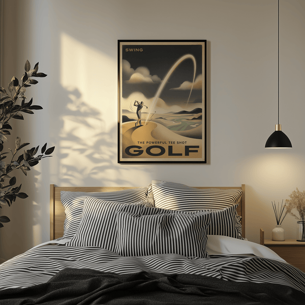 Illustrated golf scene poster print featuring golfer on tee box and distant rolling hills