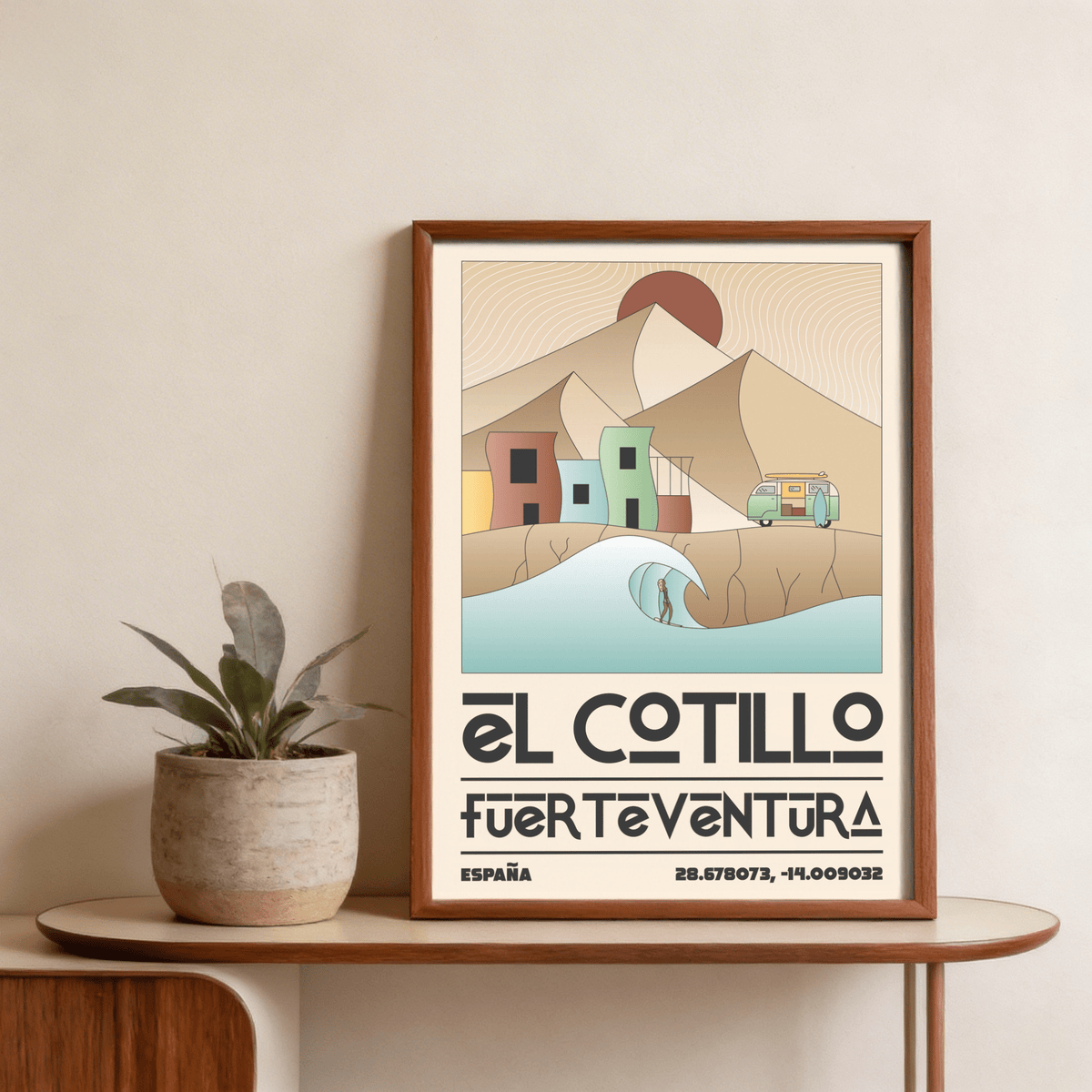 Highlighting the El Cotillo Surfing Poster wall art with “El Cotillo Fuerteventura” typography and coordinate numbers