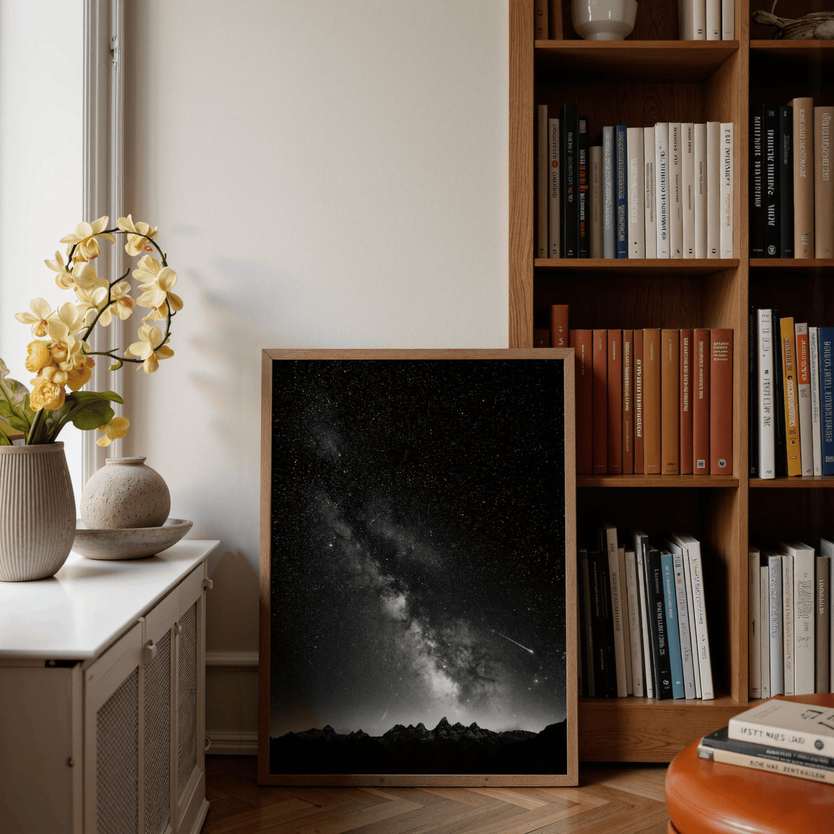 Starry Night Poster displaying high-contrast star field with diagonal shooting star near horizon