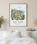 Watercolor cityscape wall art of San Juan with boats and domed landmark
