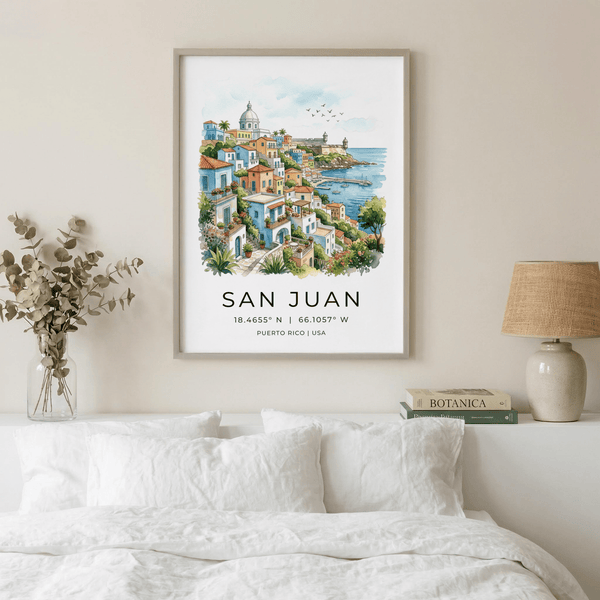 Watercolor cityscape wall art of San Juan with boats and domed landmark