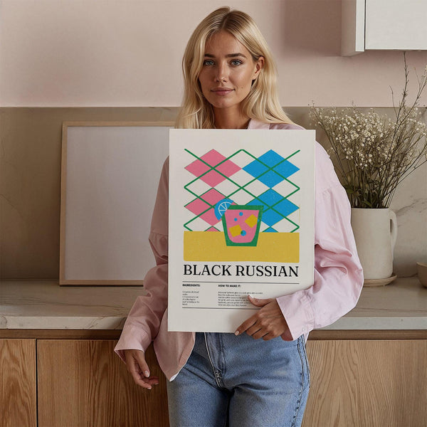 Home bar wall art featuring a minimalist vodka and Kahlua cocktail.