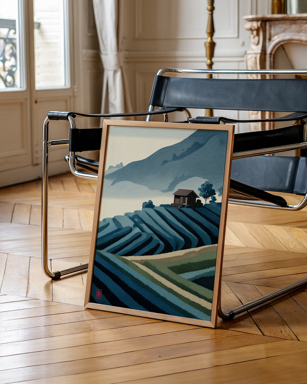 Mist-covered mountain landscape print showing terraced rice paddies and a small hut