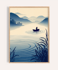Serene river landscape wall art with small boat silhouette and water ripples