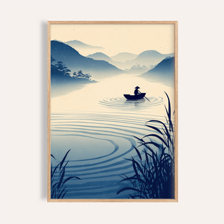 Framed Zen River art print of a fisherman in a boat on blue water with mountains and plants