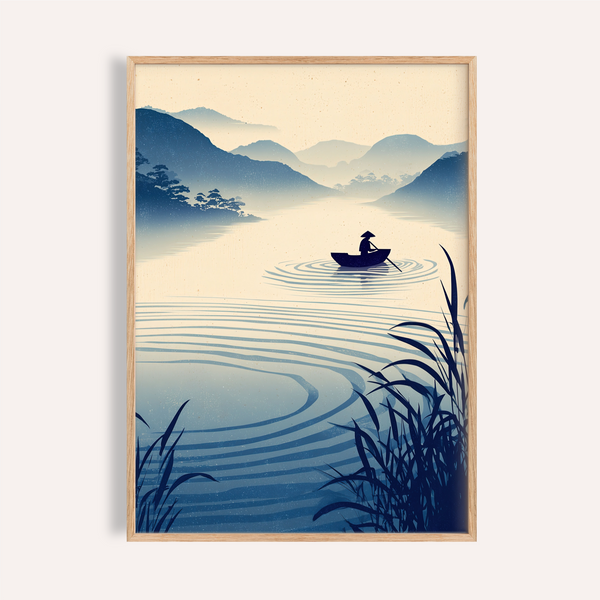 Serene river landscape wall art with small boat silhouette and water ripples