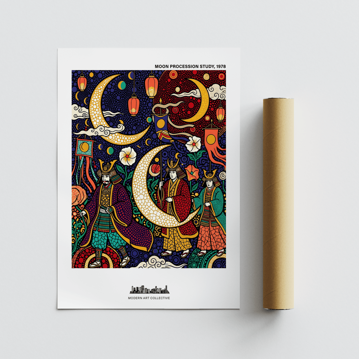 Ornamental folk-style artwork with patterned background and procession