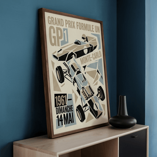 Displaying a Vintage Formula One Art Print with graphic cut-paper style car and strong typographic layout
