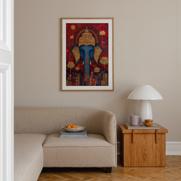 Layered pattern poster with elephant head above a block-style cityscape base