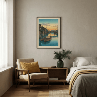 Shoreline scene with Blue water and airy dusk atmosphere