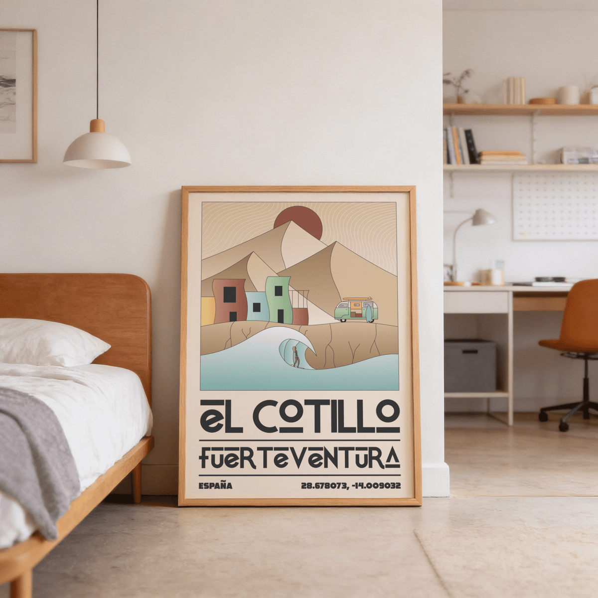 Illustrated surf travel poster print with curling wave and surfer silhouette near a sandy shoreline