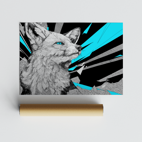 Retro Fox Art Print using Blue, Black, and White, ideal for office art