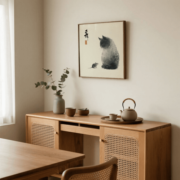 Cat and Mouse poster featuring gray and white tones for home office