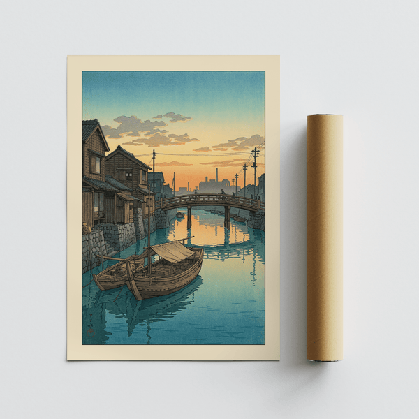Hasui Kawase boat canal print framed by layered riverside buildings
