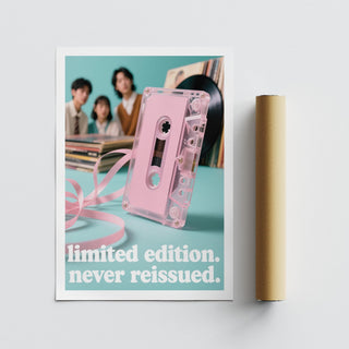 Retro wall poster vintage music with pastel pink tape and records