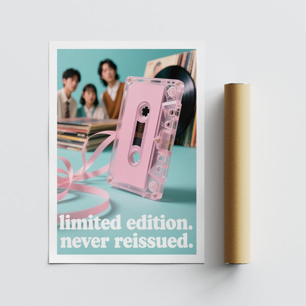 Retro wall poster vintage music with pastel pink tape and records