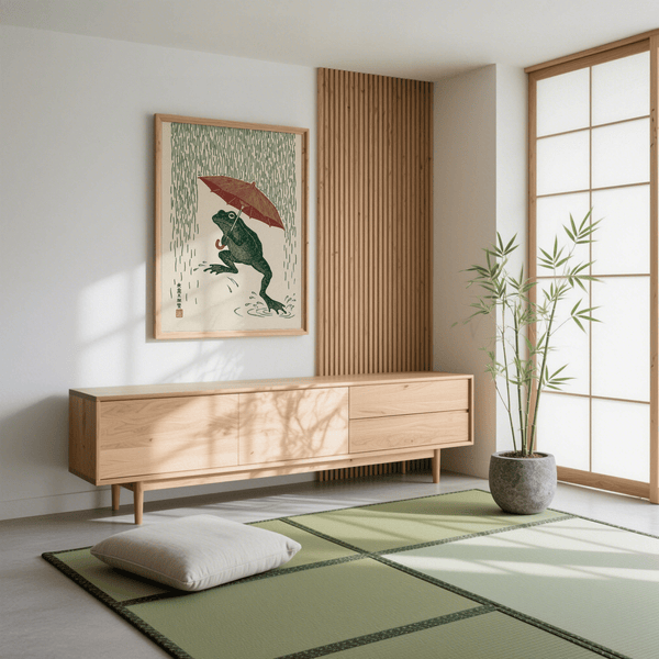 Frog in Rain Art Print, modern green and red poster for hallway decor