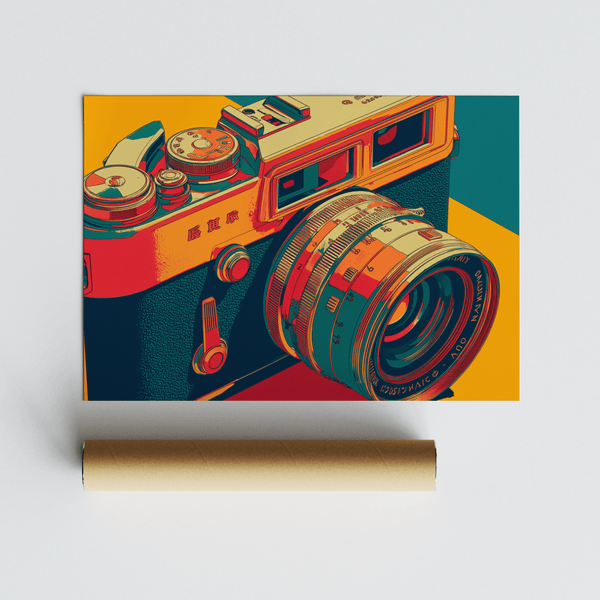 Unique Vintage Camera Wall Art for entryway, featuring Red, Blue, and Yellow poster