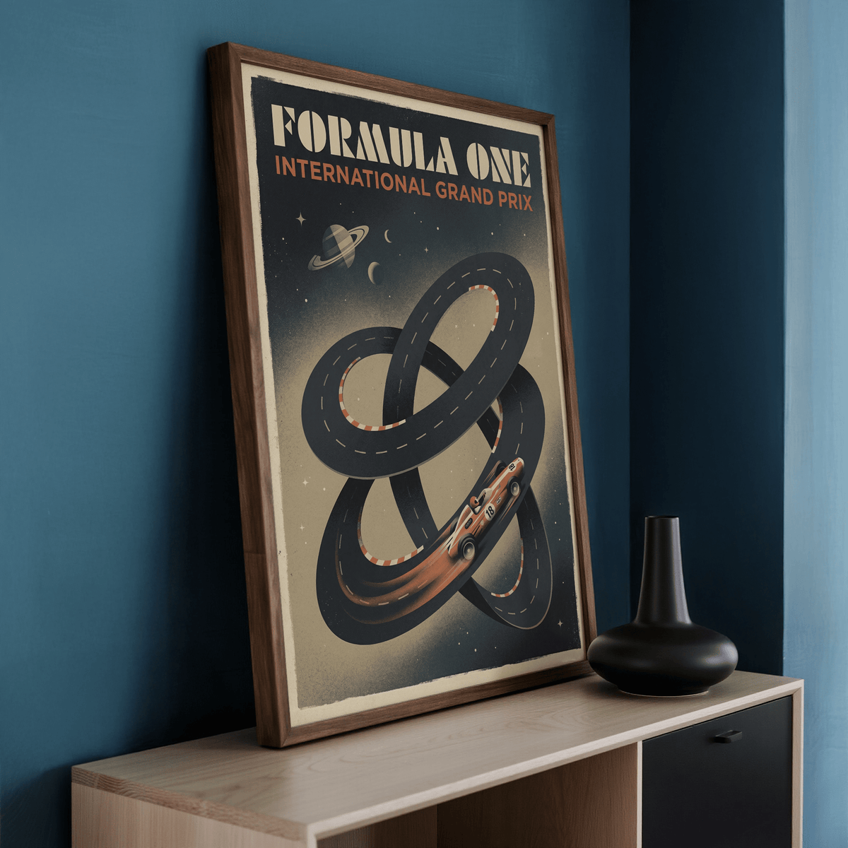 Centered Racing Car Wall Art design with bold headline and curved track