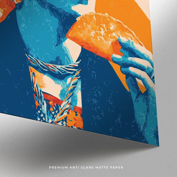 Modern taco print showing confident Frida Kahlo in graphic form.