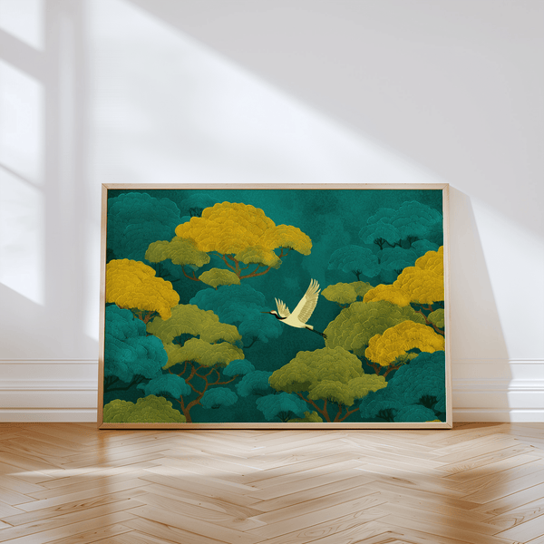 Colorful Japanese Nature Art poster featuring Green, Yellow pine trees for bedroom