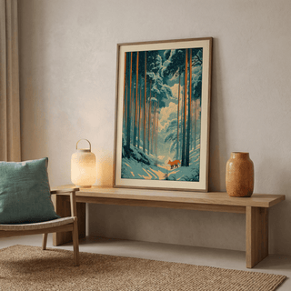 Woodblock-style nature poster with clouds, bamboo trunks, and snowfield