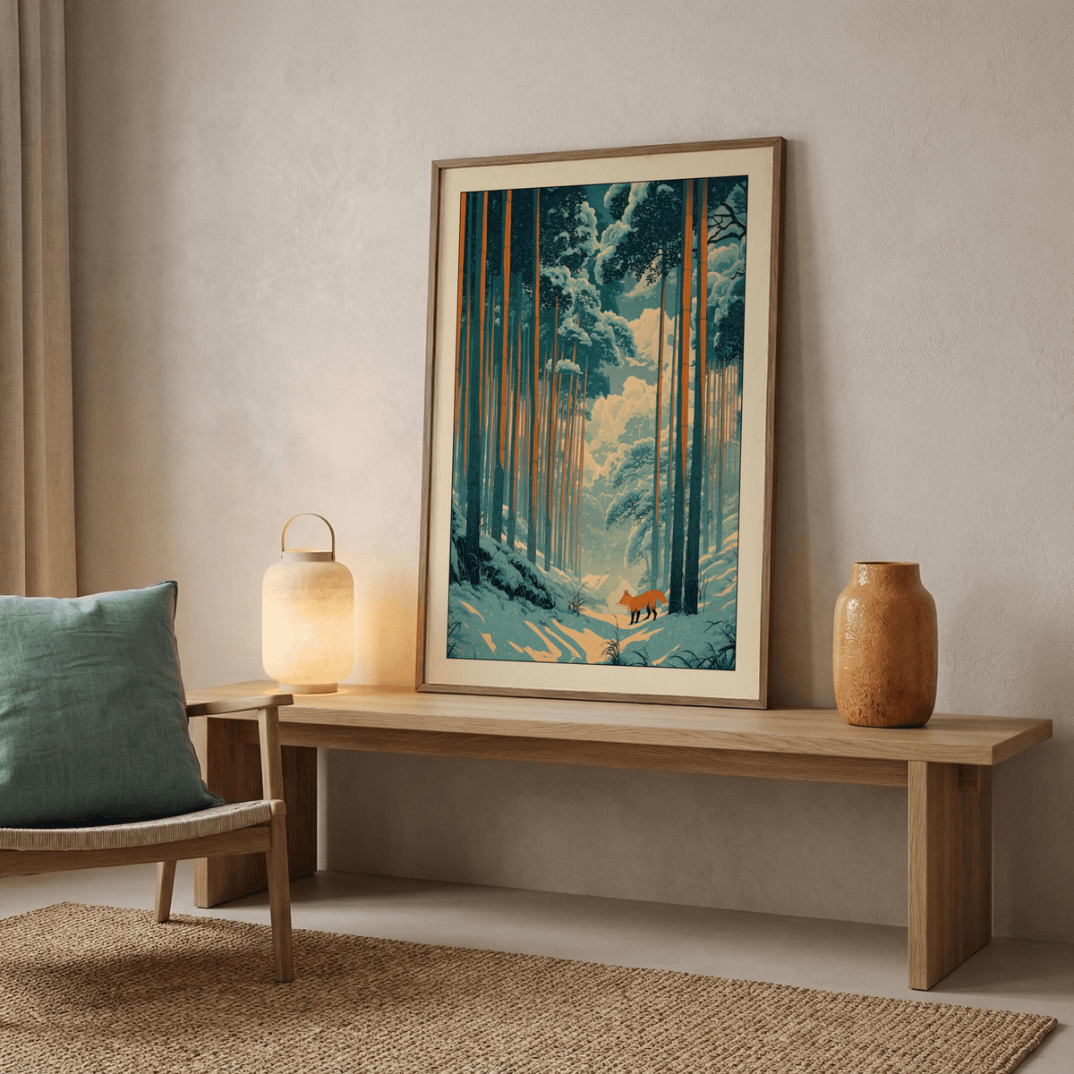 Woodblock-style nature poster with clouds, bamboo trunks, and snowfield