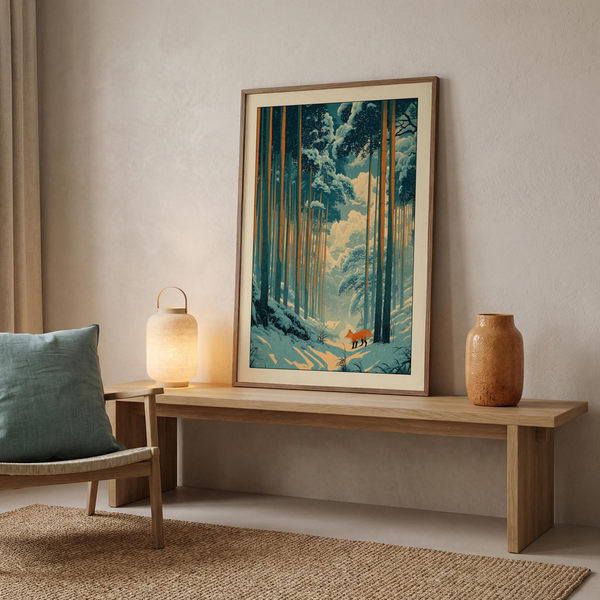 Woodblock-style nature poster with clouds, bamboo trunks, and snowfield