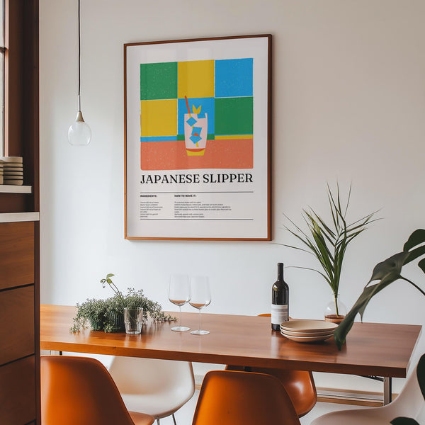 Japanese Slipper print with retro blue, green, and yellow tile backdrop.