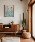 Cactus Art Print with pink petals and blue stems, suitable for lounge